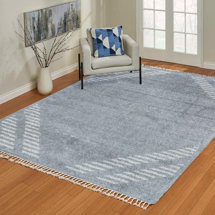 Gertmenian Limmet Lowne Charcoal Gray/Ivory Plush Modern Shag Area Rug with Fringe