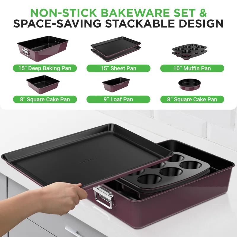 NutriChef 8-Piece Nonstick Stackable Bakeware Set - Pfoa, Pfos, Ptfe Free Baking Tray Set W/ Non-Stick Coating, 450°F Oven Safe, Round Cake, Loaf, Muffin, Wide/Square Pans, Cookie Sheet