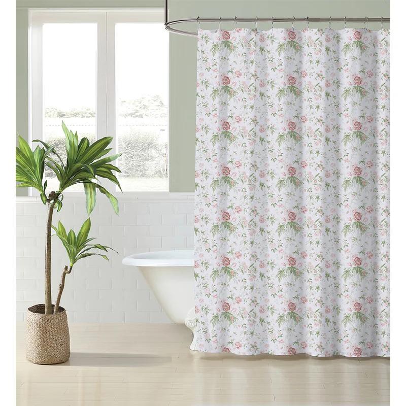 Breezy Floral Pink Cotton Hookless Shower Curtain