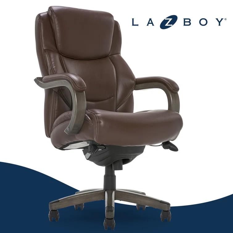 La-Z-Boy La-Z-Boy Delano Big & Tall Executive Office Chair, Ergonomic Mid-Back with Body Pillow Lumbar Support, ComfortCore® with Memory Foam Cushion, Mahogany Wood Arms and Swivel Base, Bonded Leather