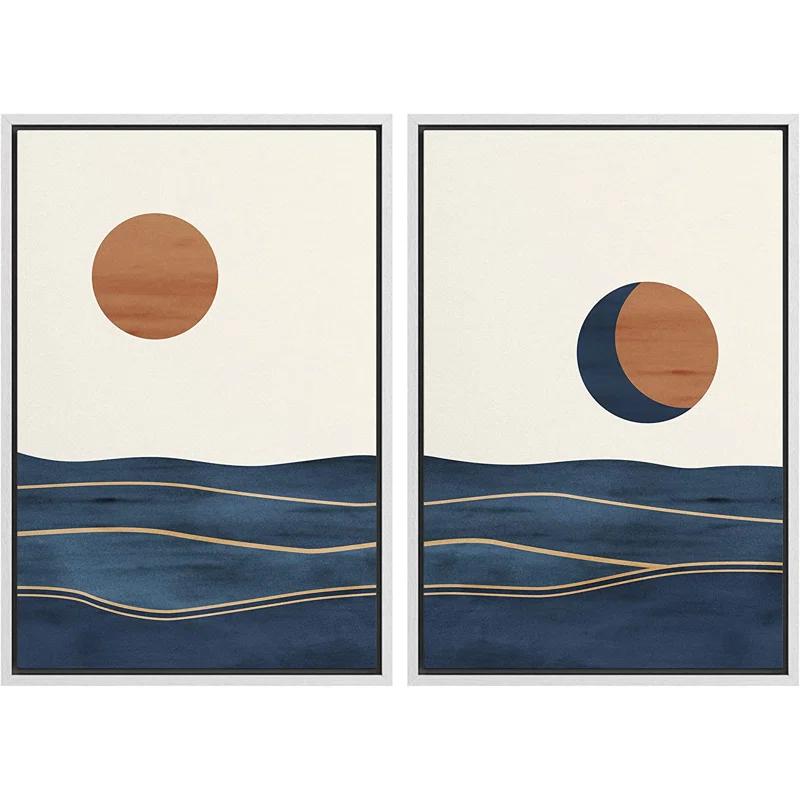 Sun And Moon " Abstract Sun Over Blue Watercolor Ocean Waves Modern Minimalist Landscape " 2 - Pieces