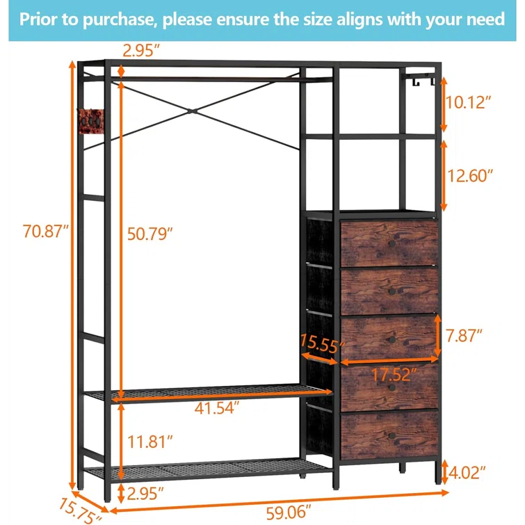 17 Stories Heavy Duty Clothes Rack For Hanging Clothes With 5 Shelves & 5 Drawers, Metal Freestanding Clothing Rack With Five Hooks, Garment Rack Closet Wardrobe Rack, 70.87H X 59.06W,Max 900Lbs,Rustic