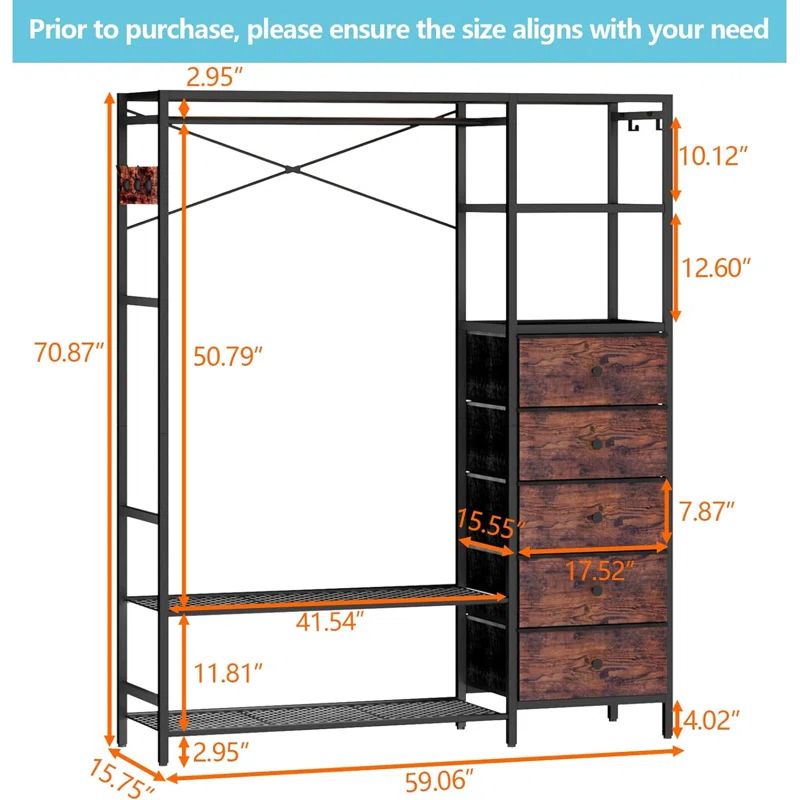17 Stories Heavy Duty Clothes Rack For Hanging Clothes With 5 Shelves & 5 Drawers, Metal Freestanding Clothing Rack With Five Hooks, Garment Rack Closet Wardrobe Rack, 70.87H X 59.06W,Max 900Lbs,Rustic