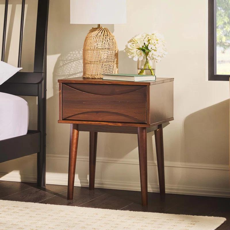 George Oliver Mid-Century Modern 1-Drawer Solid Wood Nightstand – Walnut