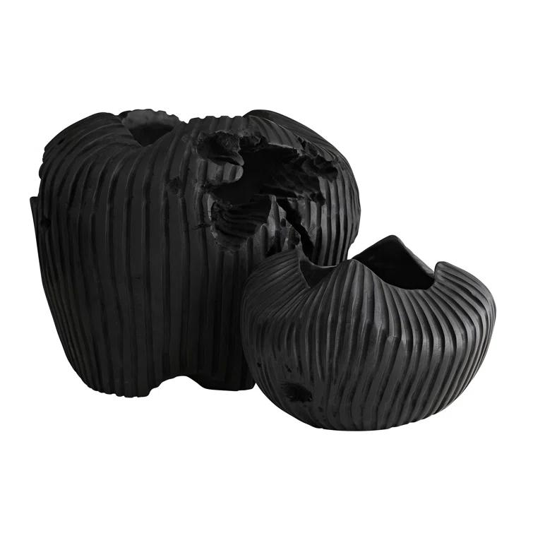 Ebony Teak Root Hand-Carved Ribbed Sculpture Centerpiece