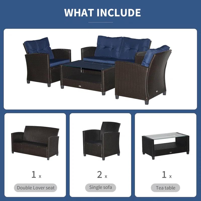 Outsunny 4-Piece Patio Furniture Set, Rattan Wicker Chair W/ Table, Outdoor Conversation Set With Cushion For Backyard, Porch, Or Garden, Blue