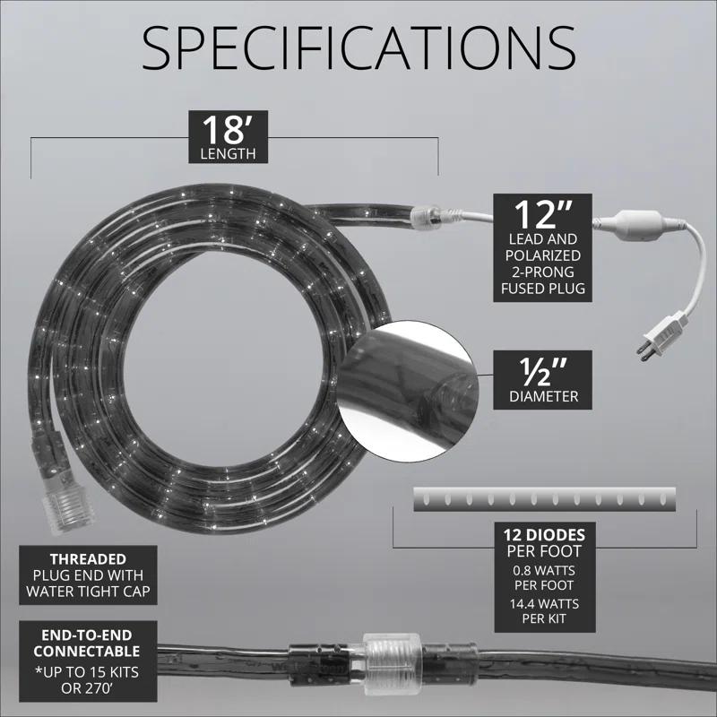 18FT 216 Light End-to-End Connectable LED Rope Lights