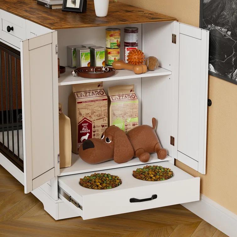 Tucker Murphy Pet™ Gladine Dog Crate Furniture Kennel with Double Doors, Wooden Pet House with 2 Drawers and Pet Feeder Station Storage Cabinet