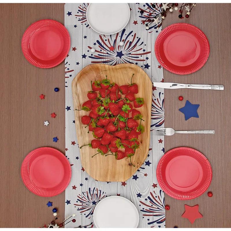 The Holiday Aisle® Fireworks Table Runner 4Th Of July Patriotic Memorial Day Independence Day Holiday Kitchen Dining Table Decoration,Holiday Burlap Table Cover, 13 X 70 Inch, Americana Stars, Red, White, Blue.