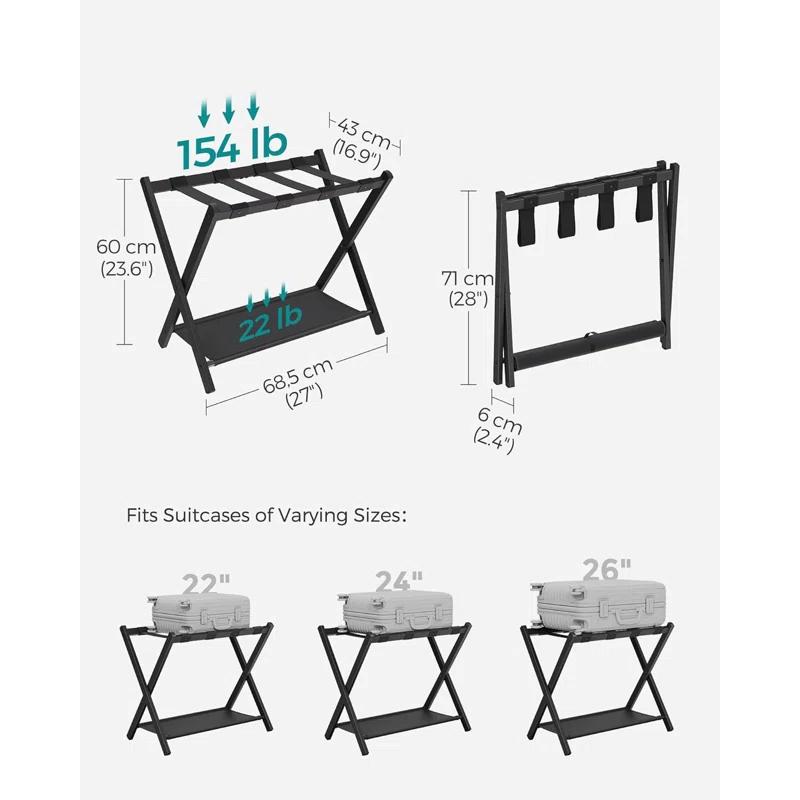 BINO Luggage Rack For Guest Room, Suitcase Stand With Storage Shelf, Steel Frame, Foldable For Easy Storage, Hotel, Bedroom, Black