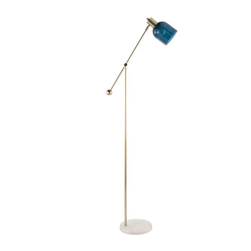 Everly Quinn Marcel Contemporary Floor Lamp In White Marble, Gold Metal And Blue Glass