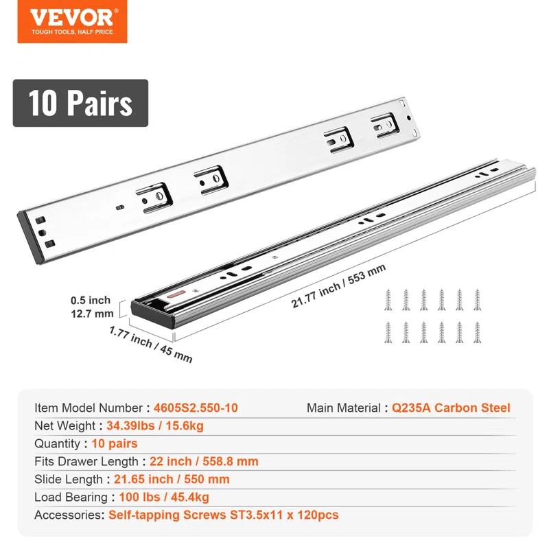 VEVOR Full Extension 1.77'' Soft Close Side Mount Metal Drawer Slide (Set of 10)