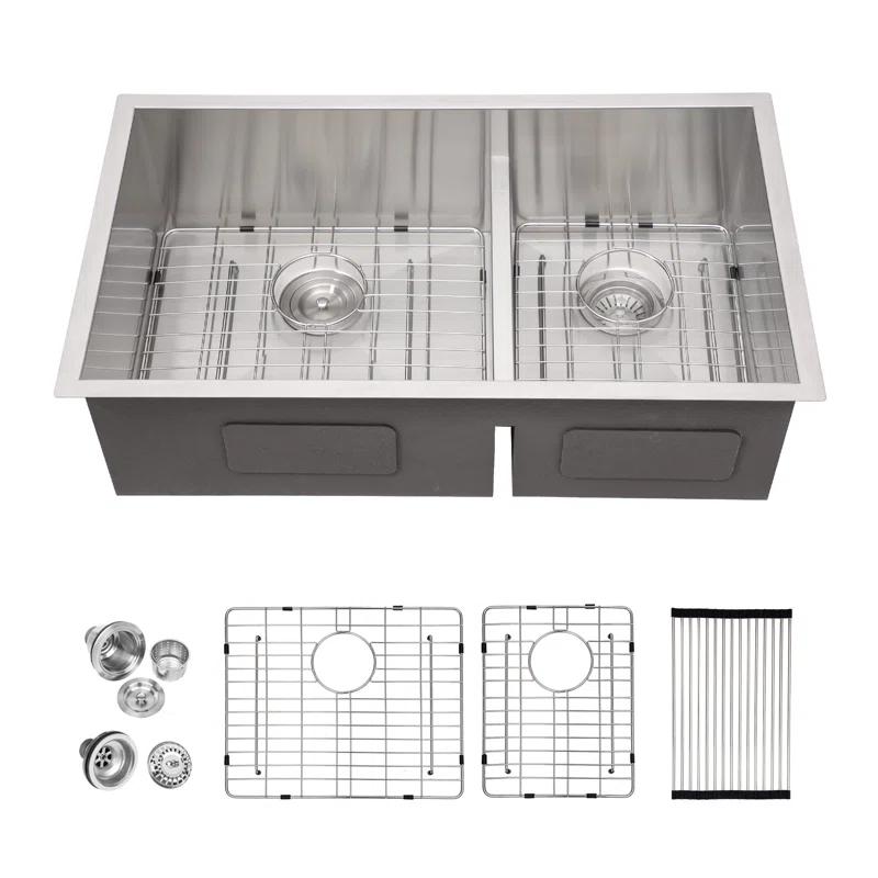 Lordear 28" L x 19" W Undermount Double Bowl 50/50 Kitchen Sink Double Basin 16 Gauge Stainless Steel Sink L28UKS255