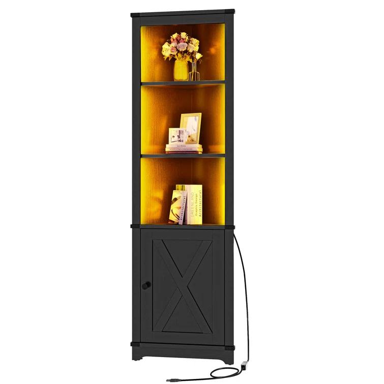 Gracie Oaks Aspenn 67" H Corner Bookcase with LED Light, Corner Storage Cabinet with Adjustable Shelf