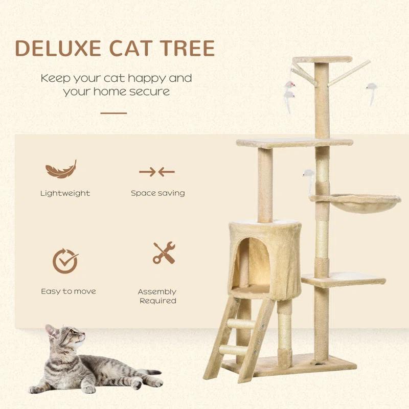 Tucker Murphy Pet™ 53" Plush Sturdy Interactive Cat Condo Tower Scratching Post Activity Tree House - Beige