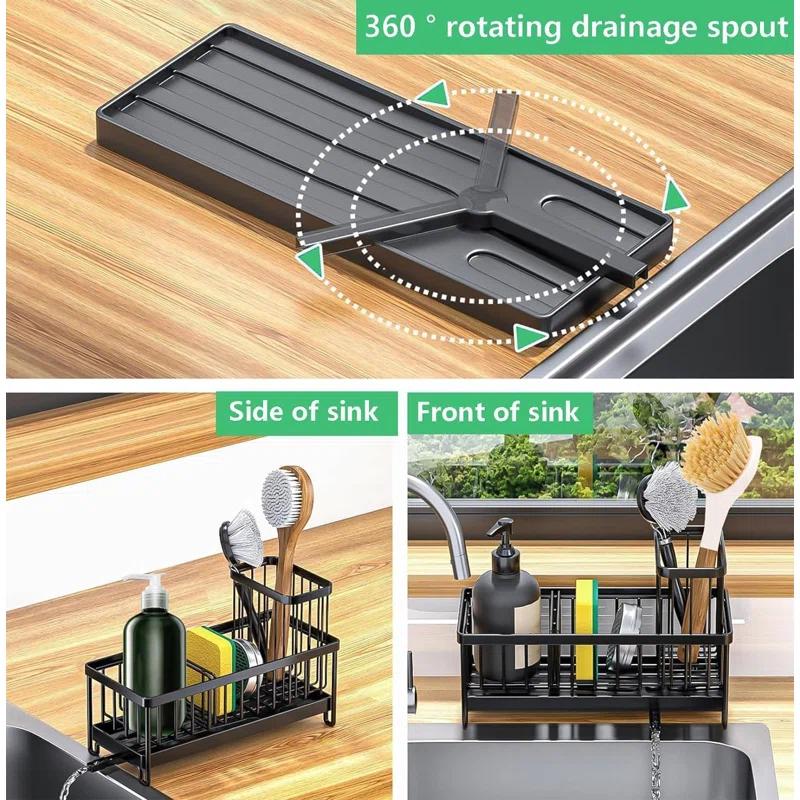 WKING Stainless Steel Kitchen Sink Caddy Organizer With Draining Tray, Rustproof Sponge Holder For Sink, Adjustable Compartments, Space-Saving Design