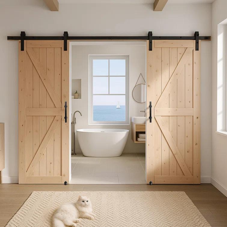 S&Z TOPHAND S&Z TOPHAND Unfinished British Brace Knotty Barn Door with Sliding Door Hardware Kit/Solid Wood/Sliding Door/Double Surfaces/A Simple Assembly is Required