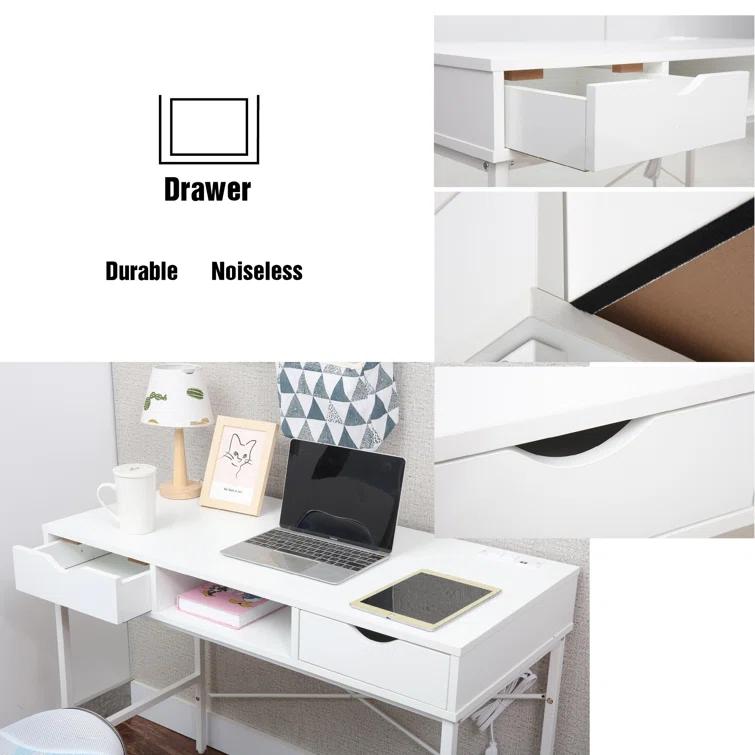 Ebern Designs Glenhill Writing Desk with Drawer - Built-In Power Outlets for Home Office