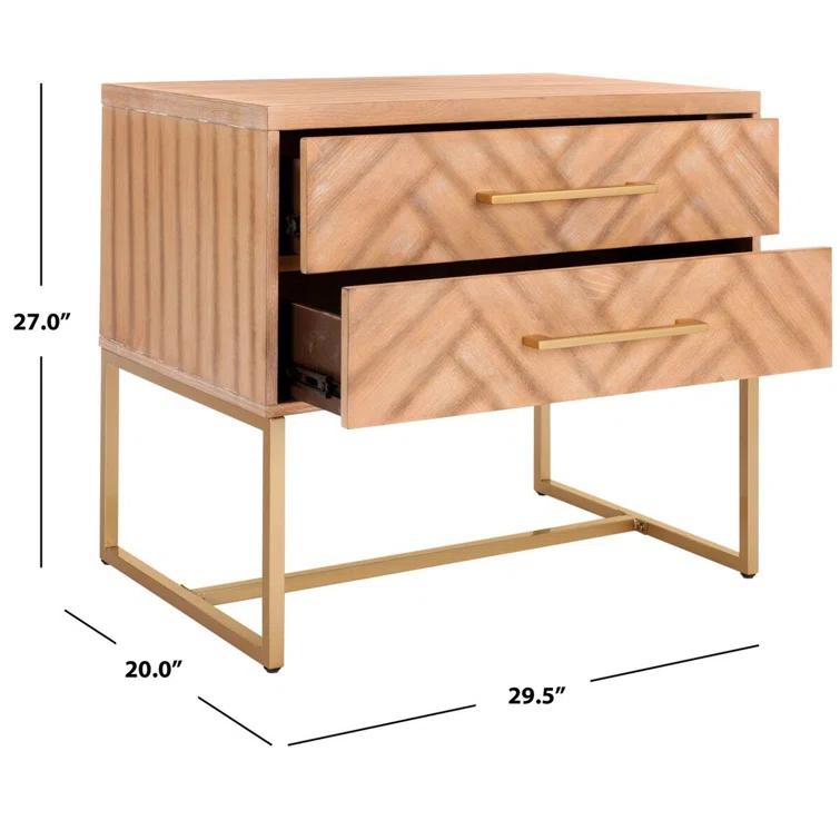 Everly Quinn Stylish Brookelyne 30'' W Nightstand –Rustic Oak with Brass Leg & 2 Spacious Bedroom Storage Drawers