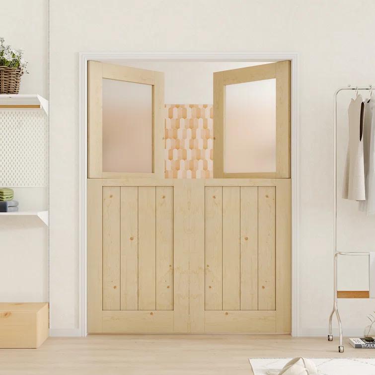 CHIC MODE Interior Dutch Door - Half Frosted Glass Split Door Slab, Modern Style Farmhouse Closet Door, Natural Pine Wood(Not Include Door Hinges)