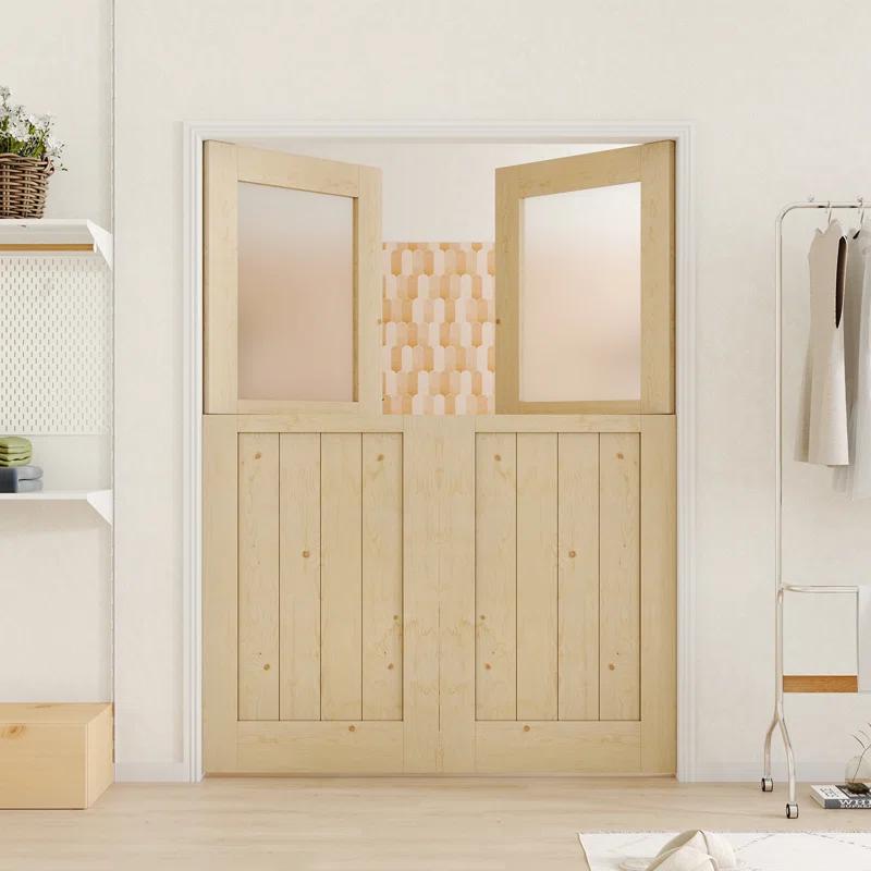 CHIC MODE Interior Dutch Door - Half Frosted Glass Split Door Slab, Modern Style Farmhouse Closet Door, Natural Pine Wood(Not Include Door Hinges)