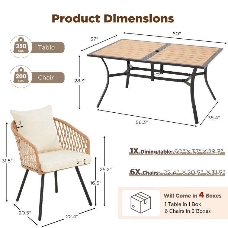 EROMMY 7 Piece Outdoor Dining Table Set, Patio Table And Chairs Set With 6 Rattan Chairs, Rectangular Table With Umbrella Hole, All-weather Patio Furniture For Backyard, Lawn, Garden