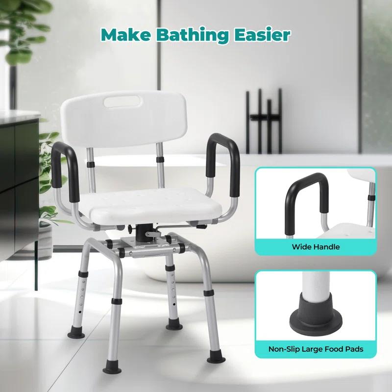 MARNUR 360 Degree Swivel Shower Chair, Adjustable Height Rotating Seat Bathtub Chair With Armrests And Back, White DR3194