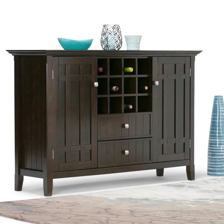 Simpli Home Bedford 54"W Solid Wood Sideboard Buffet and Wine Rack, 2 Drawers, and 2 Cabinets