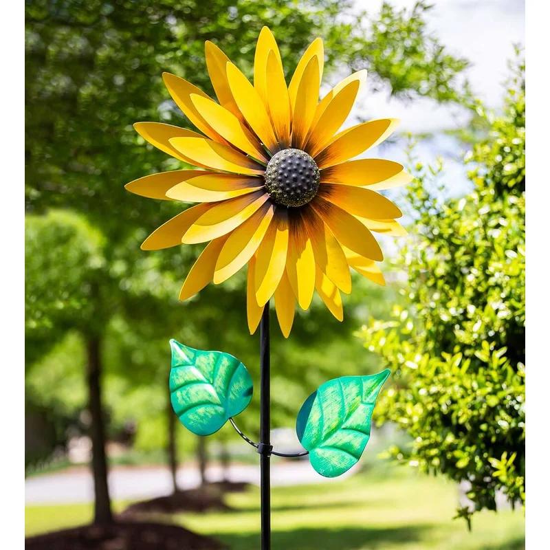 Yellow Sunflower Metal Wind Spinner with Green Leaves