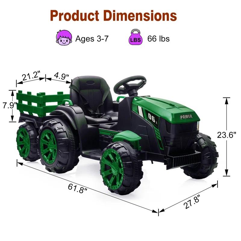 Yesurprise 12v Kids Ride On Tractor With Trailer Battery Powered Electric Vehicles Toy With 35w Dual Motor Remote Control 6 Wheels Led Lights Music