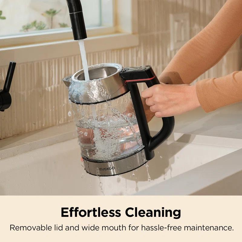 CUCKOO Electric Tea Kettle with Infuser & Temperature Control 7 Heat Settings LED Lights 1.7L Glass and Stainless Steel (CK-G170BS)