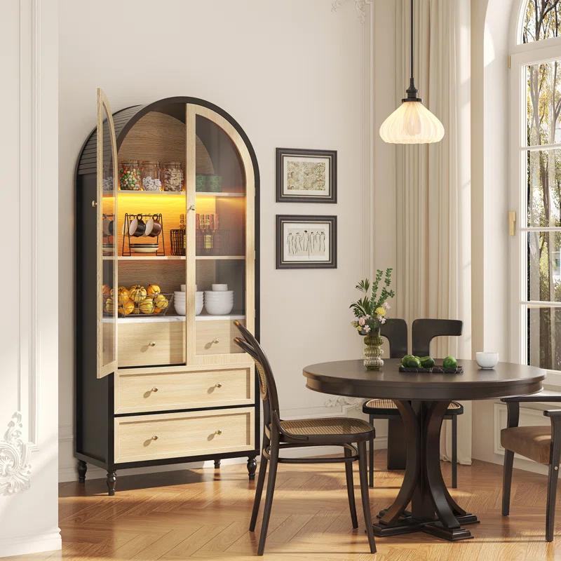 Alcott Hill® 73 Inch Tall Arched Storage Cabinet With Doors Arched Pantry Led Lighted Display Cabinet Bookshelf