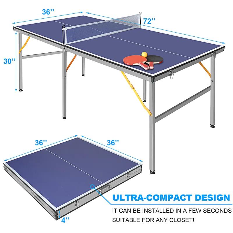 ALPHANEO 6Ft Mid-Size Table Tennis Table Foldable  And  Portable Ping Pong Table Set For Indoor  And  Outdoor Games With Net, 2 Table Tennis Paddles And 3 Balls