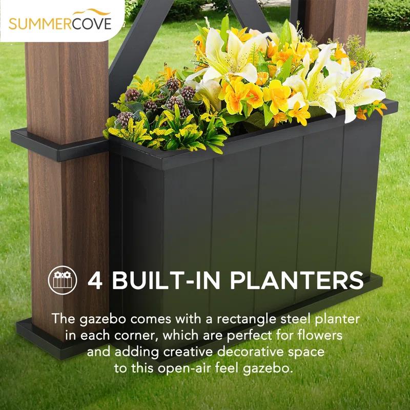 Sunjoy 13 ft. x 15 ft. Hardtop Gazebo, Outdoor Black Steel Roof Gazebo Aluminum Framed Gazebo with Planters and Ceiling Hook for Patio, Garden, and Backyard Activities