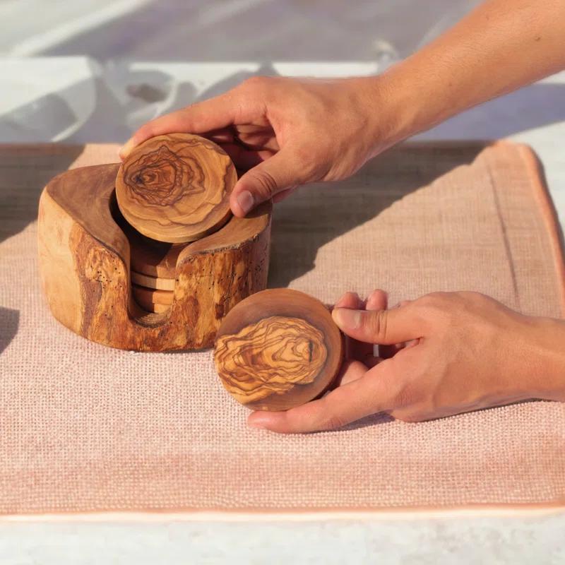 KAMSAH Kitchenware Handcrafted Olive Wood Coaster Set with Holder - Includes 6 Round Coasters and Versatile Holder