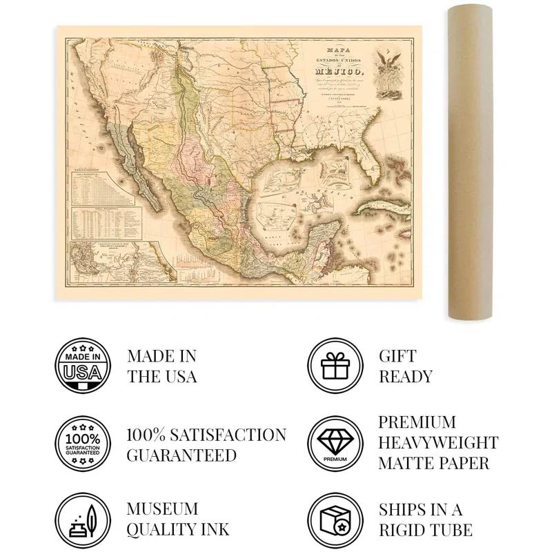 HISTORIC PRINTS " Vintage 1847 Mexico Map Poster "
