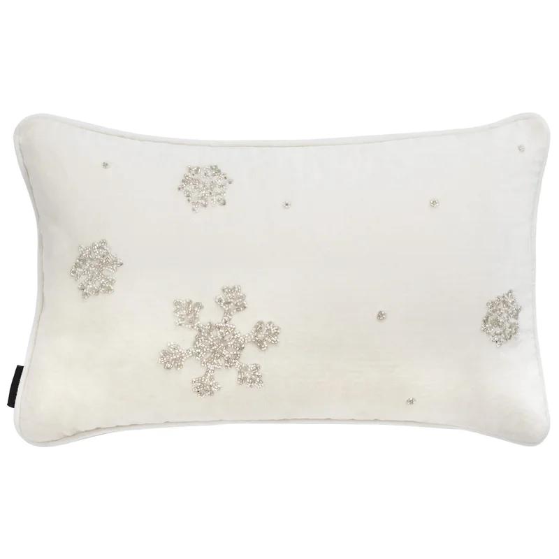 White Embroidered Rectangular Snowflake Throw Pillow