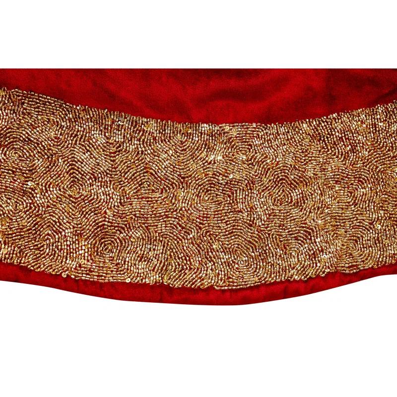 Arcadia Home Velvet Christmas Tree Skirt with Hand Beaded Gold Border