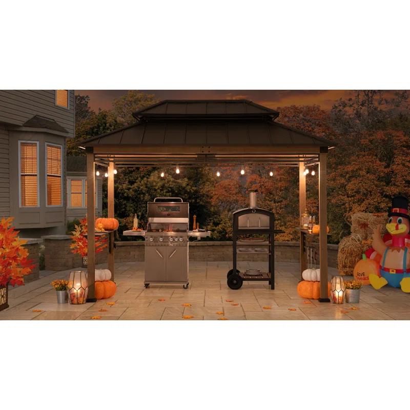Sunjoy Sunjoy Wooden Grill Gazebo with AC Power Port, 8 x 12 ft. Steel Hardtop Outdoor Gazebo for Year-Round Grilling, Cedar Framed Gazebo with Built-in Electrical Outlets and Decorative Fence