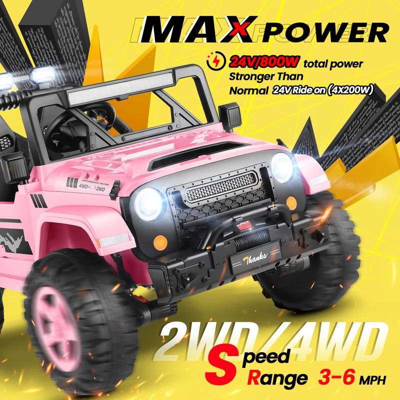 Ancheer 24V 4WD//2WD Ride On Jeep Truck,2 Seater Kids UTV With 4X200w Powerful Engine,Remote Control,Bluetooth,20 Wide Seat,Vehicles for Kids Toddlers