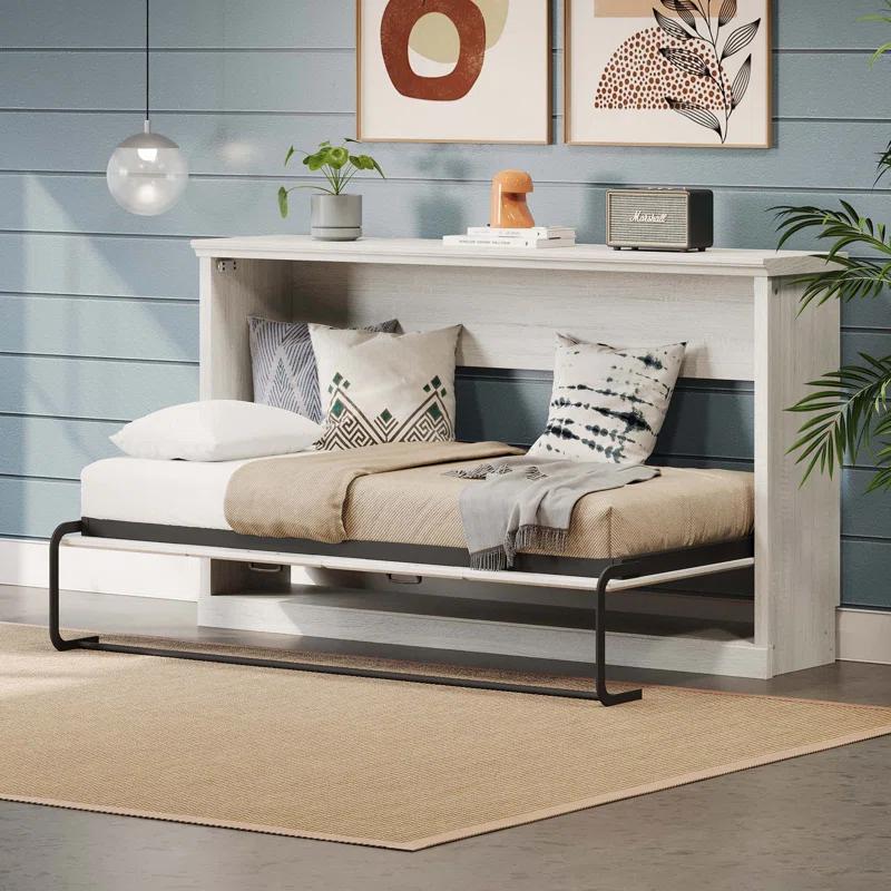 Impact Outdoor Twin Size Horizontal Murphy Bed, Hideaway Wall Bed, Folding Into Cabinet, Space Saving Furniture For Multipurpose Guest Room, Home Office, Rustic White