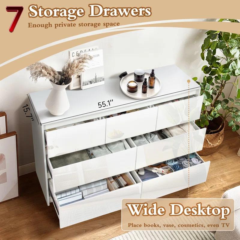 Ebern Designs White Dresser for Bedroom with 7 Drawers, Modern High Gloss Large Dresser with 7 Handle Free Drawers, 55 Inch Wooden Long Dresser, Storage Chest of Drawers