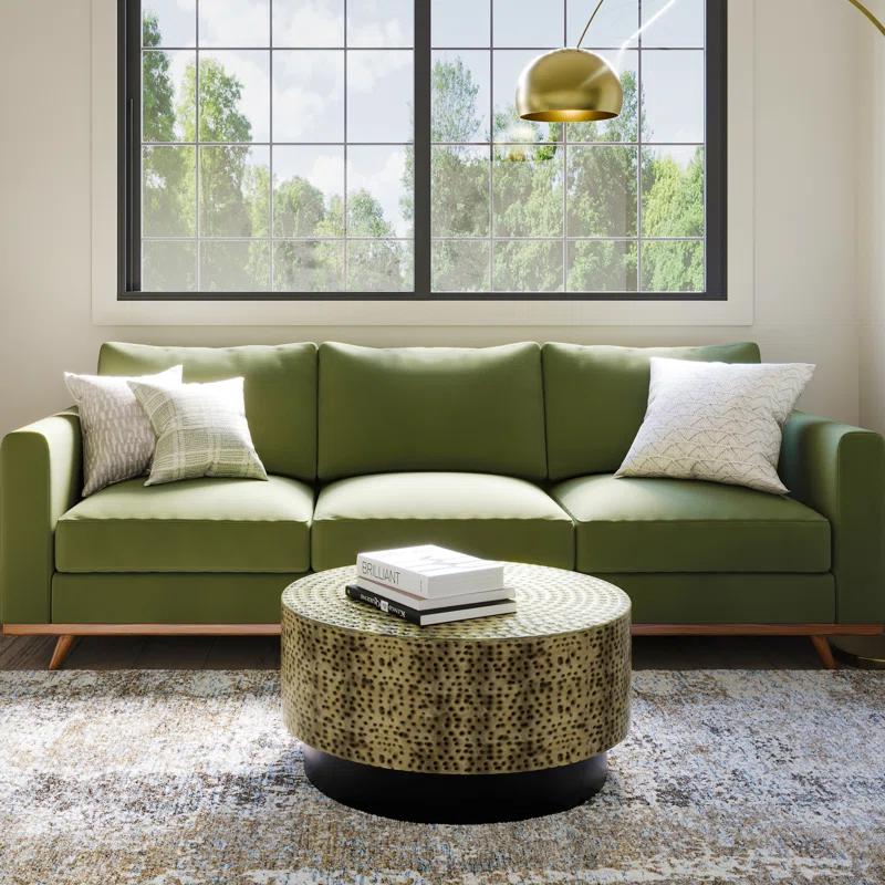 Simpli Home Montrose 30"W Antique Gold and Black Metal Modern Industrial Round Coffee Table with Hammered Texture, Fully Assembled