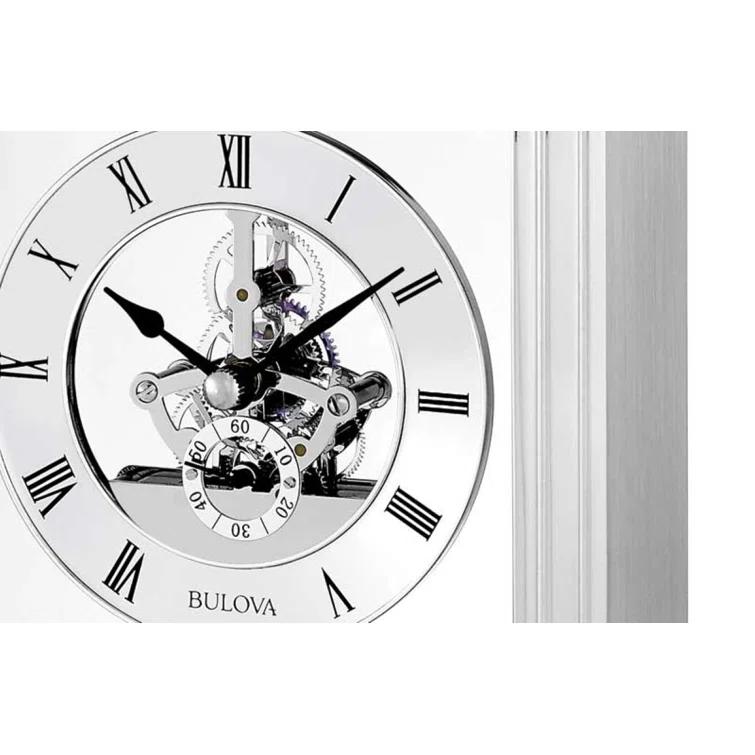Bulova Roman Numeral Stainless Steel Quartz Movement / Crystal Tabletop Clock with Alarm in Silver