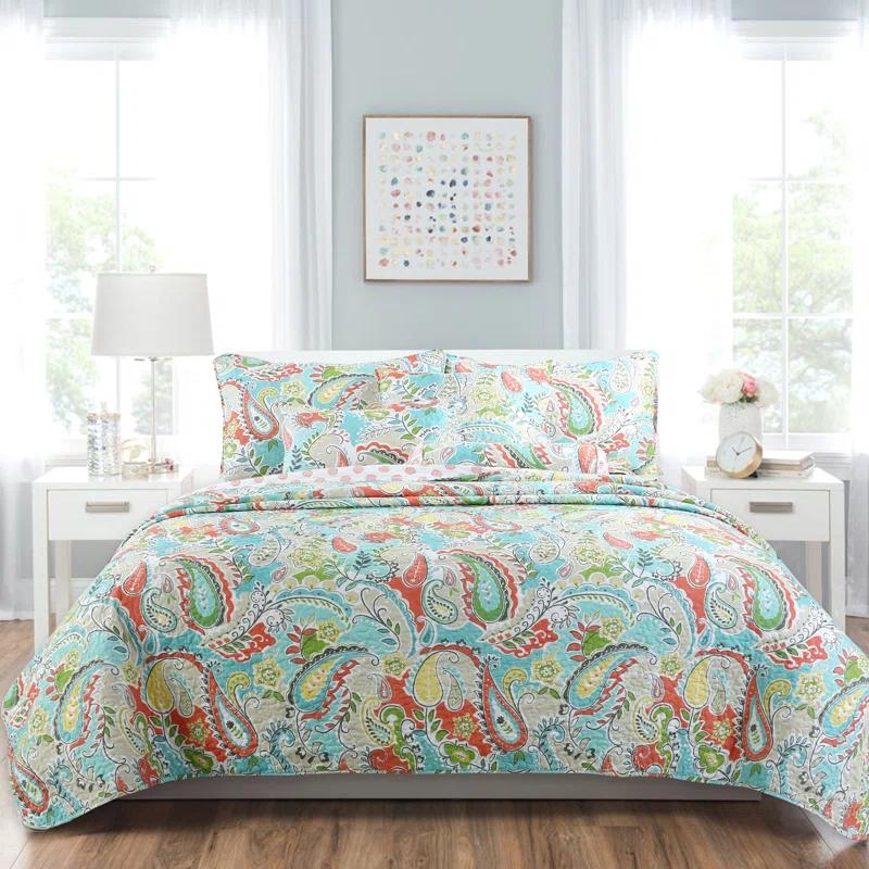 Cozy Line Home Fashion Mirage Teal/Coral/Green Microfiber Reversible 3 Piece Quilt Set & Reviews | Wayfair
