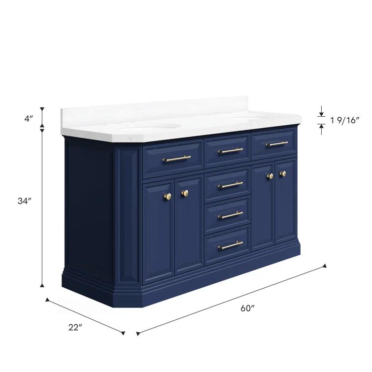 Water Creation Palace 60" Carrara Quartz Countertop Bath Vanity in Monarch Blue with Mirror