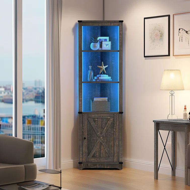 Gracie Oaks Aspenn 67" H Corner Bookcase with LED Light, Corner Storage Cabinet with Adjustable Shelf