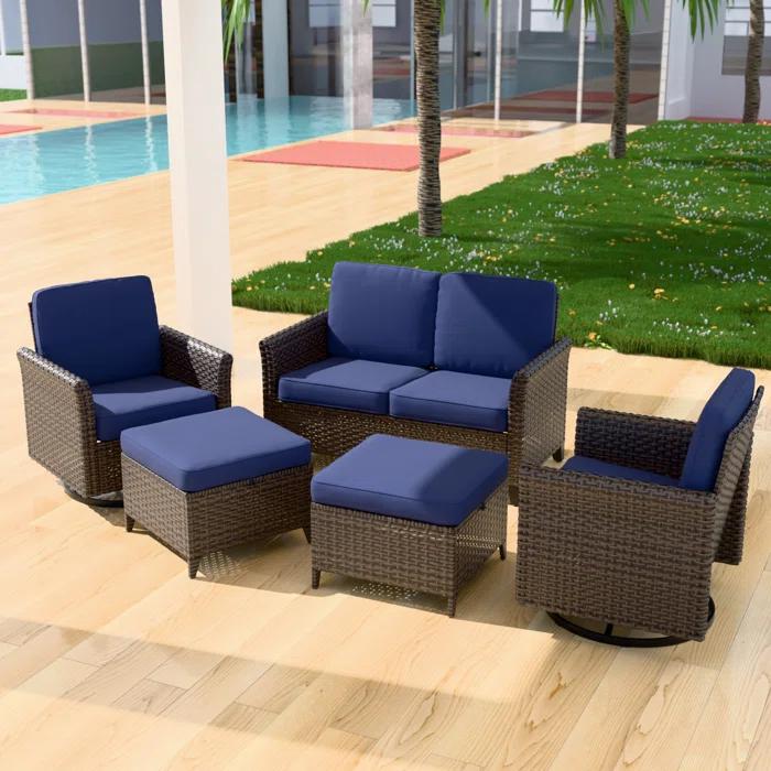 EAGLE PEAK 5-Piece Spacious Seating Swivel Chair Seating Group Patio Multi-brown Wicker Rattan Loveseat Sofa Set with Cushions