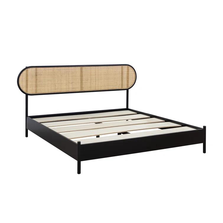 King Black Pine Wood Frame Bed with Rattan Headboard