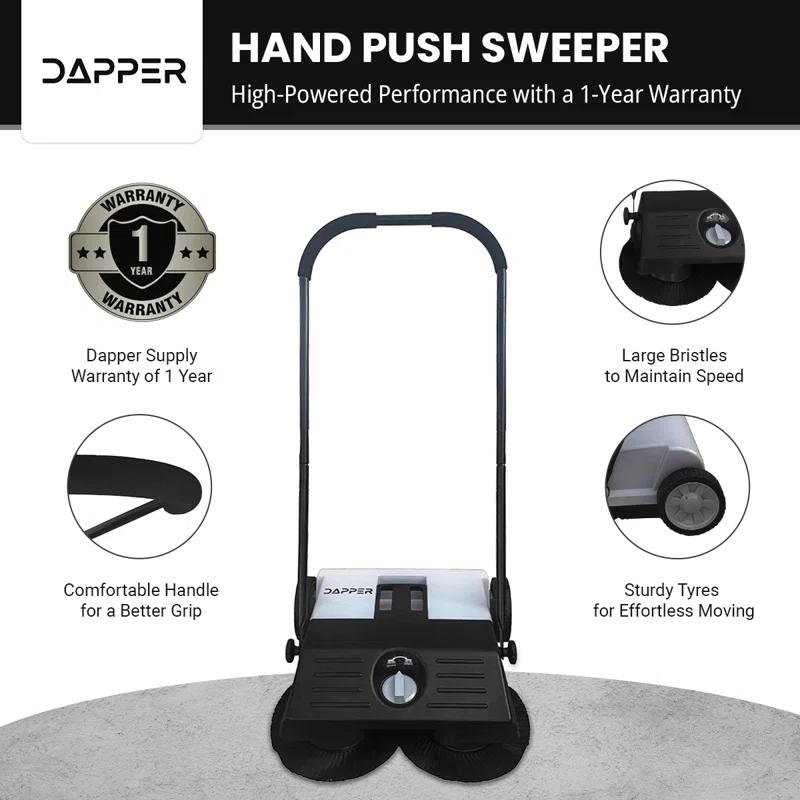 Dapper Supply Walk-Behind Outdoor Hand Push Floor Sweeper - 6.5 Gallon Capacity - 22" Sweeping Width - Sweeps up to 25,500 ft² / Hour, Grey
